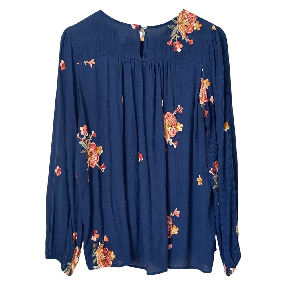Fig and Flower Women Blue Embroidered Floral Peasant Blouse XL Long Sleeve Boho - Picture 3 of 16